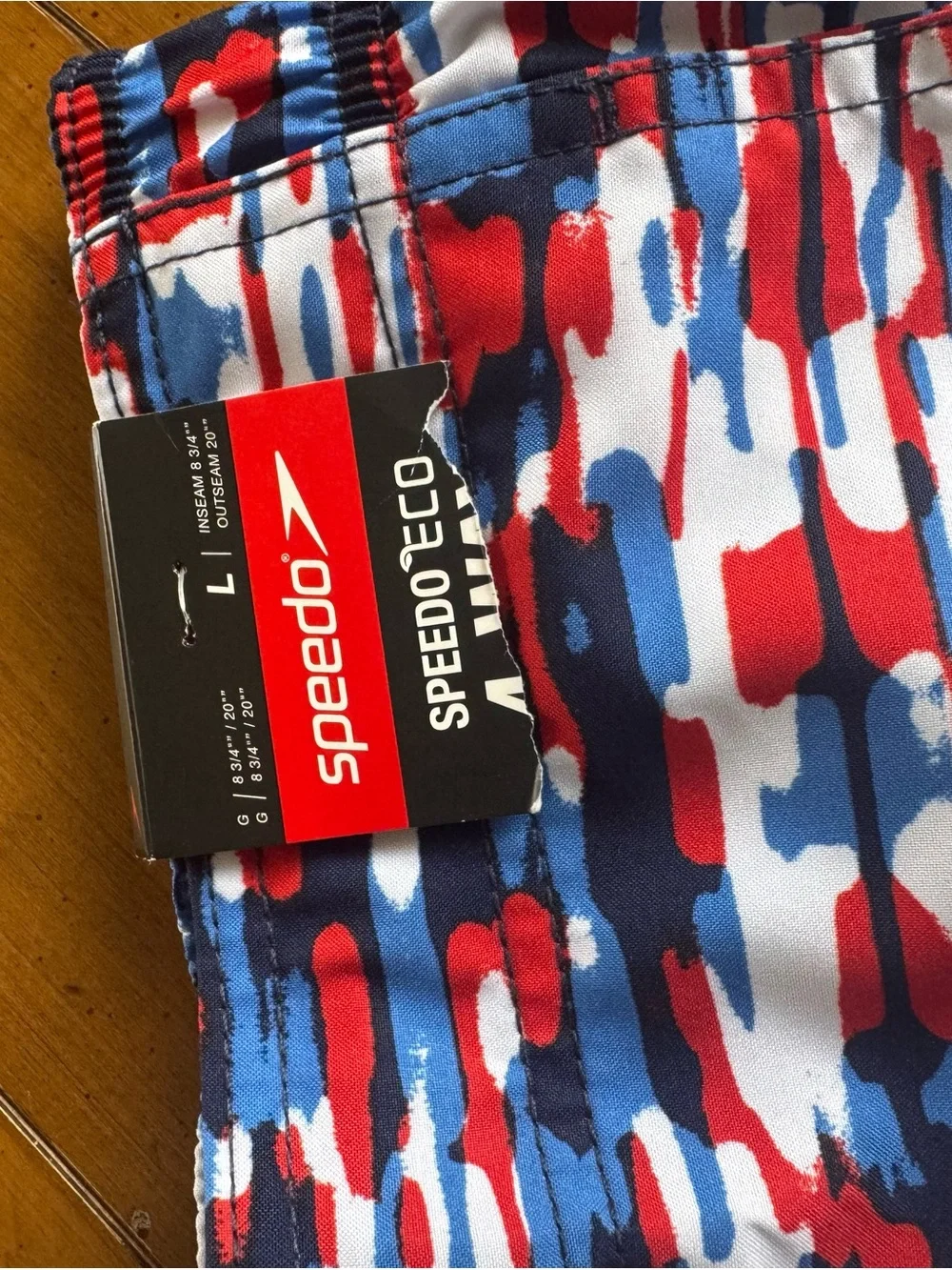 Speedo Men's Navy Swim Shorts with Red & White Pattern